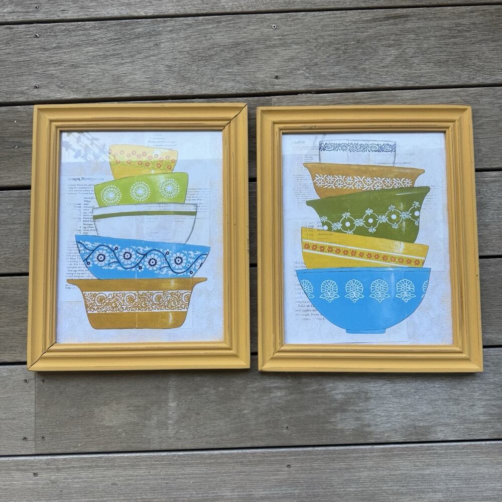 Retro Mixing Bowls Yellow Framed Wall Art Colorful Mid Century Kitchen Decor Set